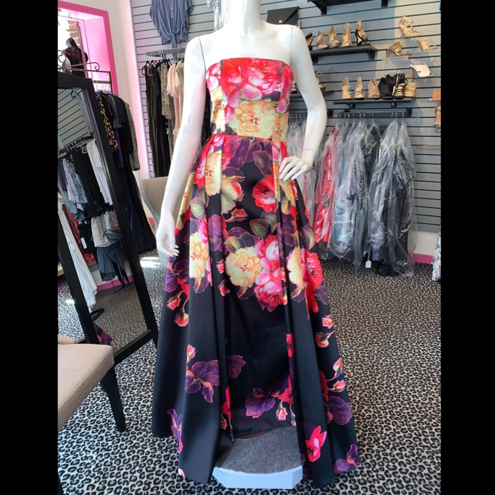 Jovani multicolor black floral flower gown